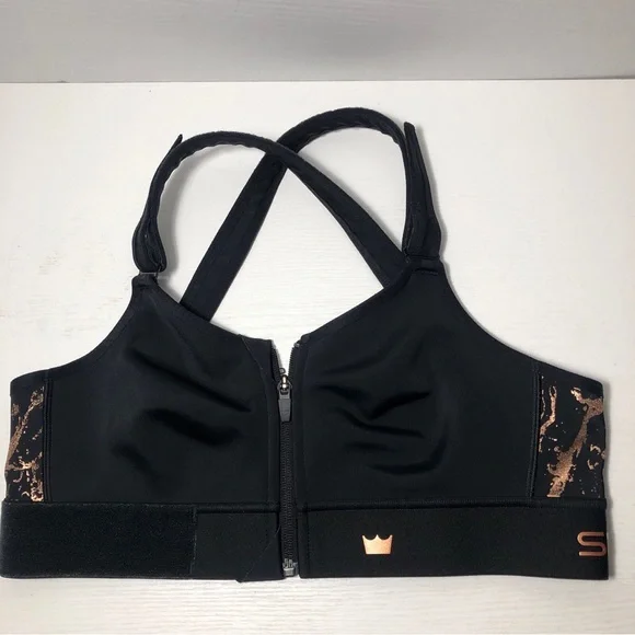 SHEFIT Flex Sports Bra Zip Front Medium Impact Black & Rose Gold Size M - Picture 3 of 7